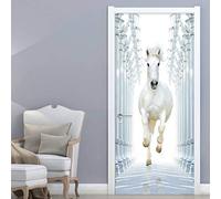 YIER Life™ Autocollant de Porte 3D Affiches Papier Peint Murale Décalcomanies Cheval Chevalier Blanc Animal Stickers Porte Poster Papier Peint Affiche Salon Chambre Art Décoration De La mais 77X200CM