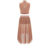 Yiesvsov 2 Pièces Filles Robe De Danse Lyrique Tops Crop Pailletés avec Jupe Asymétrique Robe De Patinage sur Glace Costume Danse Moderne Compétition Rose poudré 9-10 Ans