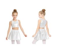 Yiesvsov Costume Danse pour Enfant Mädchen Cheer Outfit Ensemble Dun Joli Haut Court en Métal Et Jupe Mini Plissée pour La Danse Blanc 2-6 Ans