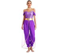 Yiesvsov Costume De Danse Du Ventre Pour Femmes Haut De Danse Orientale Pantalon Harem Paillettes Combinaison Déguisement Indien Halloween Carnaval Fête Vêtements Violet 3XL