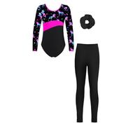 Yiesvsov Costume De Gymnastique Pour Mädchen À Manches Longues Combinaison De Gymnastique Avec Pantalon Ruban Pour Cheveux Costume De Ballet Maillot De Gymnastique Rose et Noir 11-12 ans