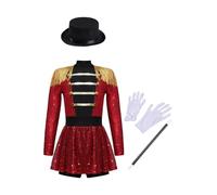 Yiesvsov Costume De Maître De Cirque pour Filles Enfants Déguisement Magicien Tenue Carnaval Fête d'halloween Vêtements Fantaisie Rouge 9-10 Ans