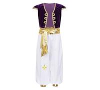 Yiesvsov Costume De Prince Arabe pour Garçons Ensemble Gilet Hauts avec Pantalon Harem Déguisement Halloween Jeu De Rôle Carnaval Fête Tenues Violet 8-10 Ans