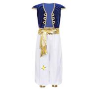 Yiesvsov Costume De Prince Arabe pour Garçons Ensemble Gilet Hauts avec Pantalon Harem Déguisement Halloween Jeu De Rôle Carnaval Fête Tenues Bleu Royal 14-16 Ans
