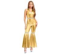 Yiesvsov Costume Disco Femme Rétro Métallique Brillant Combinaison Danse Tenue de Fête Pour La Fête La Fièvre Disco Or M