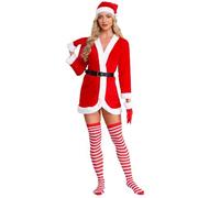 Yiesvsov Femme Costume Noël Père Noël Fée Robe Avec Bonnet Costume Lutin Mini Robe Fête Rouge L