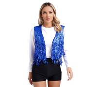 Yiesvsov Femmes Paillettes Franges Gilets Pailletés Glands Veste Cardigan Ouvert Devant Hauts Carnaval Fête Promo Rave Soirée Costume De Danse Bleu royal M