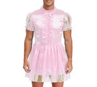 Yiesvsov Hommes Bonne Robe Satin Sissy Robe À Volants Pyjama Chemise De Nuit Sissy Crossdresser Lingerie Sousvêtements Nuit Rose L