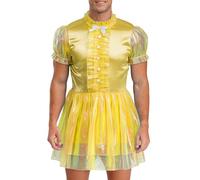 Yiesvsov Hommes Bonne Robe Satin Sissy Robe À Volants Pyjama Chemise De Nuit Sissy Crossdresser Lingerie Sousvêtements Nuit Jaune XXL