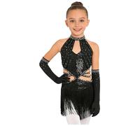 Yiesvsov Mädchen Costume Danse Latine Glitter Charleston Robe Paillettes Plumes Dentelles Robe avec Gants Danse Latin Chacha Salsa Rumba Jazz Noir 15-16 Ans