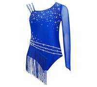 Yiesvsov Maillot De Gymnastique Pailleté Pour Filles Avec Franges Justaucorps À Une Épaule Manches Longues Tenue De Ballet Body Gym Justaucorps Compétition Bleu 13-14 ans