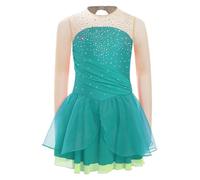 Yiesvsov Robe De Patinage Artistique pour Enfants Filles Robe De Ballet Pailletée Strass Patinage Roller Danse Latine Tenue Danse pour Compétition Vert 15-16 Ans