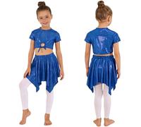 Yiesvsov Tenue Glitter pour Mädchen Costumes Danse pour Mädchen Tops Court Métalliques avec Jupe Plissée Brillante Costumes Danse Jazz Vêtements Hip Hop Bleu 5-6 Ans