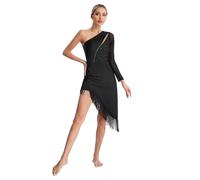 Yiesvsov Women Latin Dance Dress Ice Skating Dress Long Sleeve Ballet Leotard with Shorts Tango Cha Cha Rumba Salsa Modern Contemporary Dance Dress Noir XL