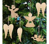 YIEUR Lot de 40 pendentifs de Noël en bois d'ange et d'ailes d'ange, disques en bois de 8 cm avec ficelle, 5 formes mélangées, décoration pour sapin de Noël, fenêtre