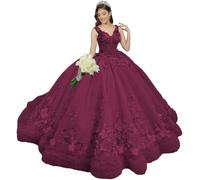 Yifanier Robe de Bal à Volants avec traîne ornée de Fleurs 3D Robe de Princesse en Dentelle à col en V MT049