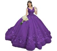 Yifanier Robe de Bal à Volants avec traîne ornée de Fleurs 3D Robe de Princesse en Dentelle à col en V MT049