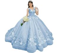 Yifanier Robe de Bal à Volants avec traîne ornée de Fleurs 3D Robe de Princesse en Dentelle à col en V MT049