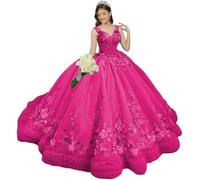 Yifanier Robe de Bal à Volants avec traîne ornée de Fleurs 3D Robe de Princesse en Dentelle à col en V MT049