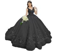 Yifanier Robe de Bal à Volants avec traîne ornée de Fleurs 3D Robe de Princesse en Dentelle à col en V MT049