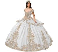 Yifanier Robe de Quinceanera en Tulle Bouffant avec traîne et Appliques en Dentelle dorée 3D MT039