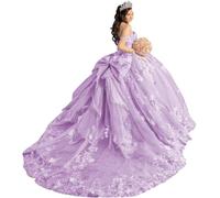 Yifanier Robes de Quinceanera à Bretelles Spaghetti avec nœud Robes de Bal en Tulle Scintillant Robes de Quinceanera à Fleurs 3D MT040