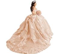 Yifanier Robes de Quinceanera à Bretelles Spaghetti avec nœud Robes de Bal en Tulle Scintillant Robes de Quinceanera à Fleurs 3D MT040
