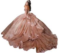Yifanier Robes de Quinceanera en Tulle Scintillant avec nœud épaules dénudées Robes de Quinceanera en Tulle Douce 16 Robes avec Train MT013