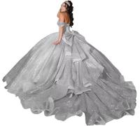 Yifanier Robes de Quinceanera en Tulle Scintillant avec nœud épaules dénudées Robes de Quinceanera en Tulle Douce 16 Robes avec Train MT013
