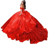 Yifanier Robes de Quinceanera en Tulle Scintillant avec nœud épaules dénudées Robes de Quinceanera en Tulle Douce 16 Robes avec Train MT013