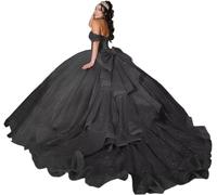 Yifanier Robes de Quinceanera en Tulle Scintillant avec nœud épaules dénudées Robes de Quinceanera en Tulle Douce 16 Robes avec Train MT013