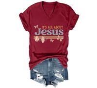 Yifinomi T-shirt « It's All About Jesus » T-shirt à col en V avec inscription « It's All About Jesus » pour femmes et hommes, Bordeaux-V, L