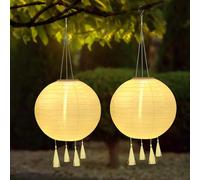 YIFMOO Lot de 2 lampions solaires résistants LED étanche 25 cm 4 pompons Lanterne suspendue en nylon pour jardins, cours, balcons, décoration de mariage (blanc)