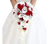 YIFUwedding IFFO Bouquets de mariée avec Fleurs de lys Calla artificielles, Diamants et Perles Roses, décoration de fête de Mariage (Rouge)