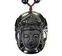yigedan Collier avec pendentif tête de Bouddha en obsidienne naturelle, déesse de la miséricorde, obsidienne