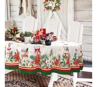 Yighty Nappe de Noël Ovale de 152,4 x 213,4 cm, Poinsettia Flocon de Neige, Nappe de Noël en Polyester imperméable, Infroissable, Durable, pour Cuisine, Hiver et décoration d'intérieur