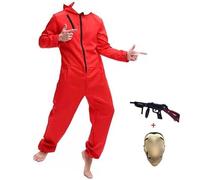 Yigoo Costume de Partenaire d'Halloween - Voleur de Banque - Carnaval - Combinaison Avec Masque et Pistolet Jouet - Cosplay Adulte - Rouge - Taille M
