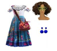 Yigoo Encanto Costume de princesse Mirabel Madrigal pour fille, pour carnaval, fête, Halloween, Noël, déguisement avec sac, perruque, lunettes, boucles d'oreilles, 130 cm