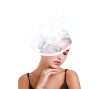 YIGZYCN Chapeau bibi respirant à plumes avec voile décoré réglable pour activités de plein air célébrations chapeau de fête en maille, blanc, taille unique