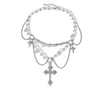 [YIGZYCN] Collier ras du cou en perles synthétiques superposées avec pendentif en forme de cœur fraise et croix en cristal