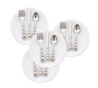 YIGZYCN Lot de 4 ensembles de vaisselle miniatures pour maisons de poupées avec assiettes en céramique et couverts pour accessoires d'affichage à l'échelle 1/12