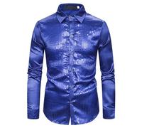 YIGZYCN Robe de soirée disco pour homme avec paillettes brillantes, manches longues boutonnée pour Halloween, cosplay, motif paillettes brillantes comme du satin, bleu, XXL