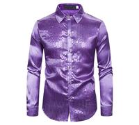 YIGZYCN Robe de soirée disco pour homme avec paillettes brillantes, manches longues boutonnée pour Halloween, cosplay, motif paillettes brillantes comme du satin, violet, L
