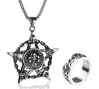 YIHANSS Colliers Men 316L en acier inoxydable crâne pentagramme/Paix Signe Collier, Retro Masonic Evil Eye Modèle Punk Pendant, Personnalisez la chaîne rotative Ring (Taille: 7)