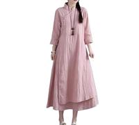 YIHANSS Robe de Printemps de Style Chinois pour Femmes, Vintage, col Montant, Manches Longues, en Coton et Lin, Jupes Longues, Hanfu