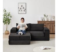 Yihomfy 194x169.5x74cm Canapé Modulable 2 Places, AVCE 1 Pouf, Canapé Lit Pliant, Cloud Couch Sofa, Velours Côtelé, avec 2 Oreillers, Accoudoirs Incurvés Elégants, pour Salon (Noir-1)