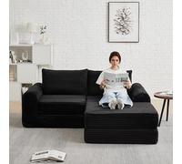 Yihomfy 194x169.5x74cm Canapé Modulable 2 Places, AVCE 1 Pouf, Canapé Lit Pliant, Cloud Couch Sofa, Velours Côtelé, avec 2 Oreillers, Accoudoirs Incurvés Elégants, pour Salon (Noir-2)