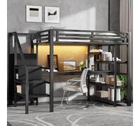 Yihomfy 2 Seater Loft Bed, 140 x 200 cm, Metal Loft Bed with Stairs, Open Wardrobe, Built-in Desk, Storage Compartments, USB Charging Station and LED Lighting (Noir-F, 140×200 CM)