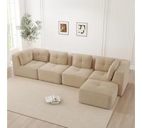 Yihomfy 386 cm Canapé d'angle Convertible avec Pouf, canapé modulable en L, sans Structure, Grand canape d'angle Compress 5 Places, canapé compressé Velours côtelé,Assise Extra Profonde,Beige