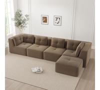 Yihomfy 386 cm Canapé d'angle Convertible avec Pouf, canapé modulable en L, sans Structure, Grand canape d'angle Compress 5 Places, canapé compressé Velours côtelé,Assise Extra Profonde,Brown